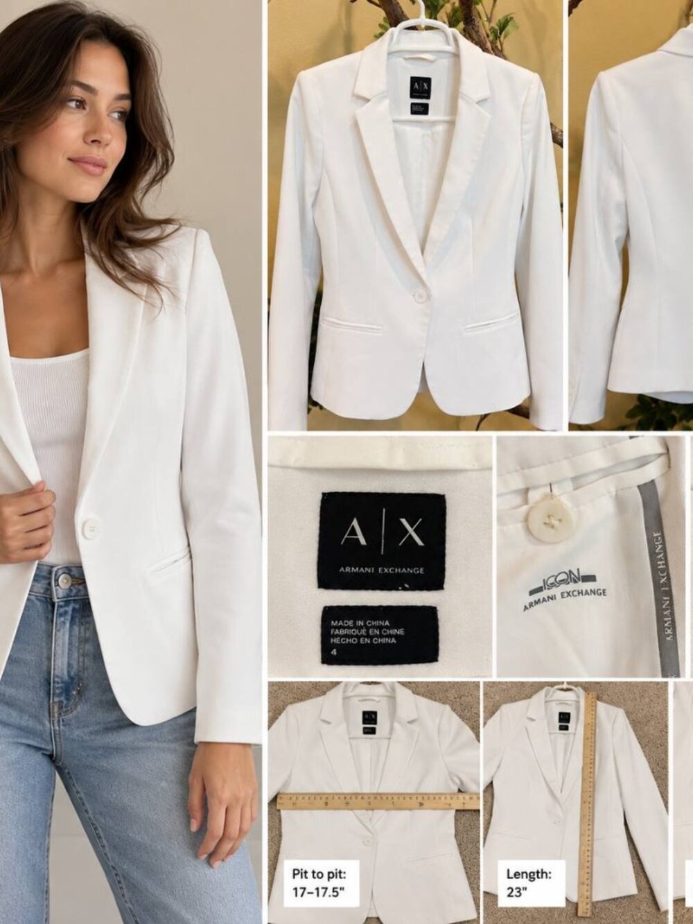 A|X Armani Exchange White Tailored Blazer Jacket Women’s Size 4 One Button